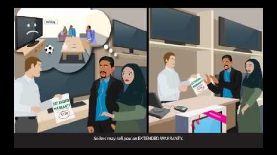 Cartoon image of people in a shop purchasing items
