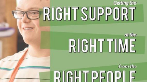 Young man with glasses and an orange apron on smiling, Right support, right time, right people written across green background