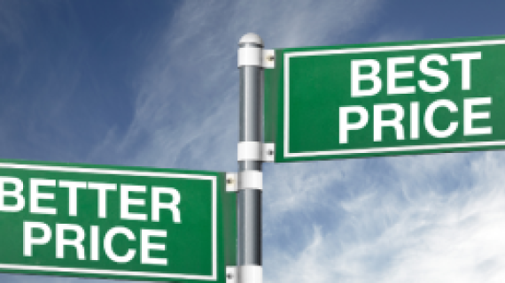 Signpost with one sign pointing left with the caption "Better Pricing," and the other sign pointing right with the caption "Best Price."