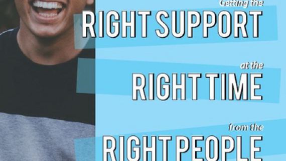 Boy smiling, right support, right time, right people written across blue