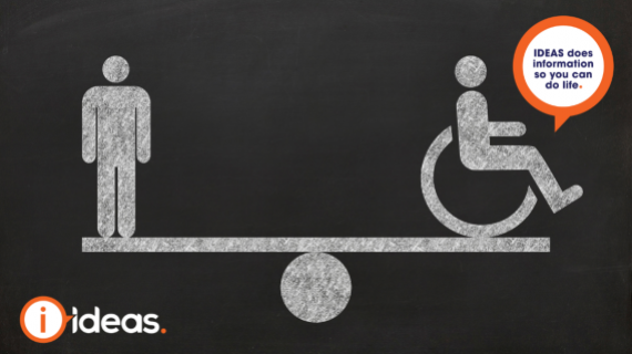 universal symbol for man and universal symbol for disability (a person in a wheelchair) on a balancing beam