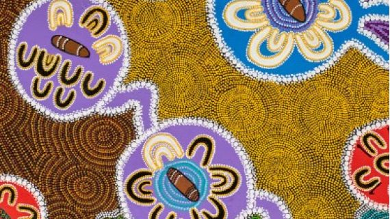 Indigenous dot painting called Respectful Listening by Wiradjuri Elder Paul Calcott