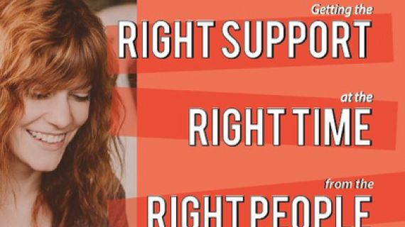 Woman with long red hair smiling, Right support, Right time, Right People written across red background