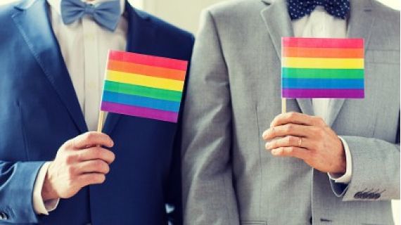 Detail of two men wearing suits and bow ties and holding rainbow coloured flags