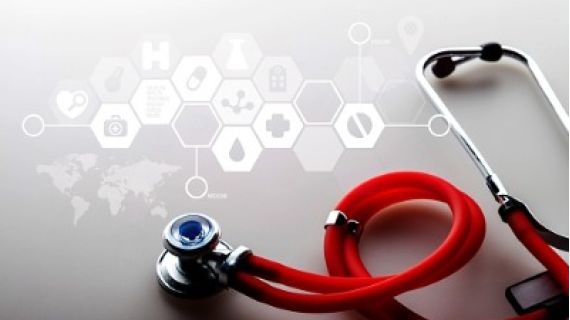 red stethoscope with hexagonal matrix of digital symbols
