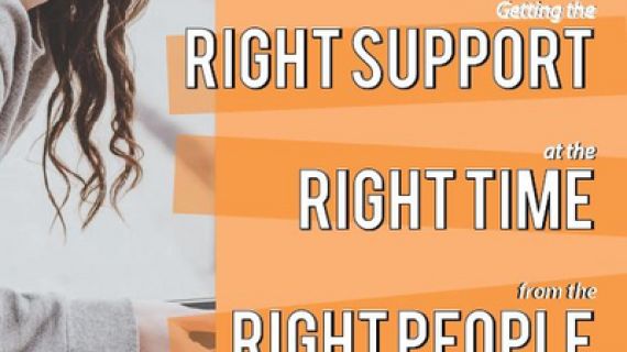 Right Support, Right Time, Right People written across an orange background with a young girl sitting and smiling
