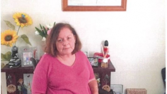 A dark-haired lady in a wheelchair wearing a bright pink dress