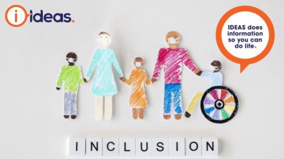 hand drawn characters. one is a wheelchair user, one is a child, one is brown, one is white, some are wearing masks. words say inclusion