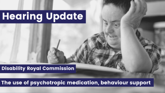 Disability Royal Commission Hearing Upgrade -   The use of psychotropic medication, behaviour support   and behaviours of concern - man with Down Syndrome looking reflective in black and white
