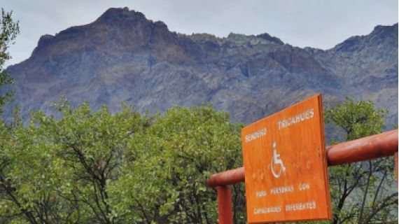 wheelchair accessible walking track sign with mountain peak behind
