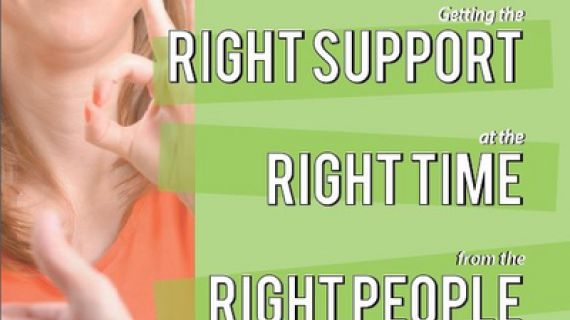 Lady signing and smiling, right support, right time, right people written across a light green background