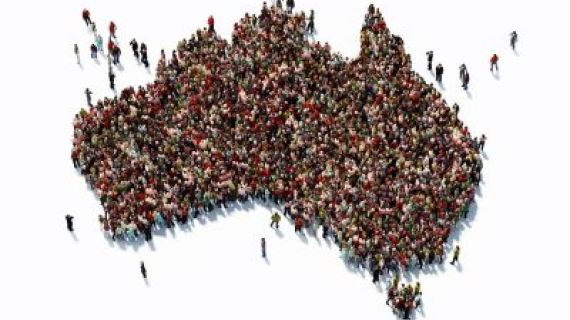 A crowd of people in the shape of Australia.