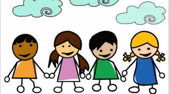 Cartoon image of 4 kids holding hands with clouds above them