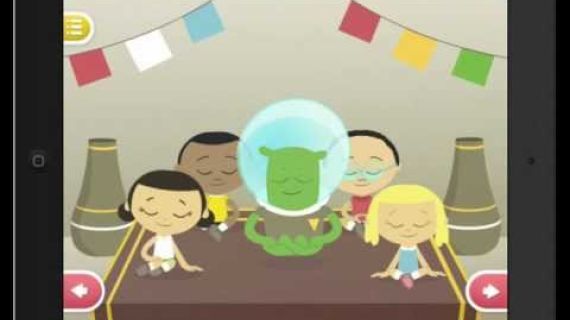 Cartoon image of an alien sitting with kids
