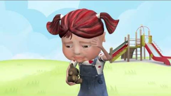Cartoon image of a young girl in the park looking sad
