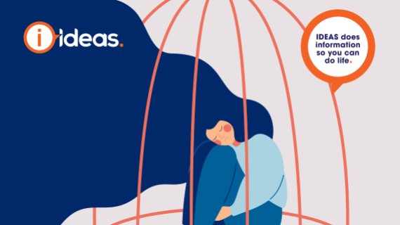 sad woman in cage. IDEAS logo. IDEAS does information so you can do life.