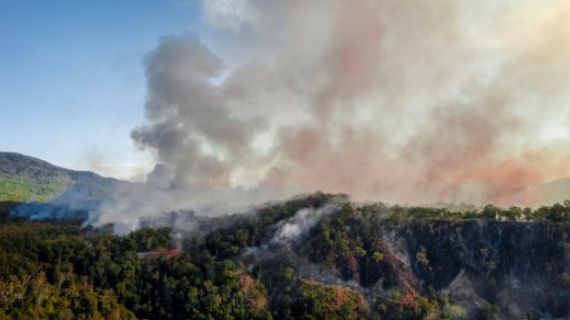 Smoke billows over a dry grassy hill