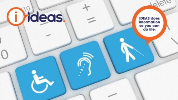 3 blue keys on a keyboard. Each key has a symbol for accessibility. From left to right: Wheelchair access. Hearing loop and a person with low vision using a cane.