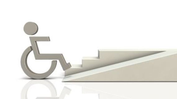 Graphic of a person in a wheelchair in front of a ramp a steps