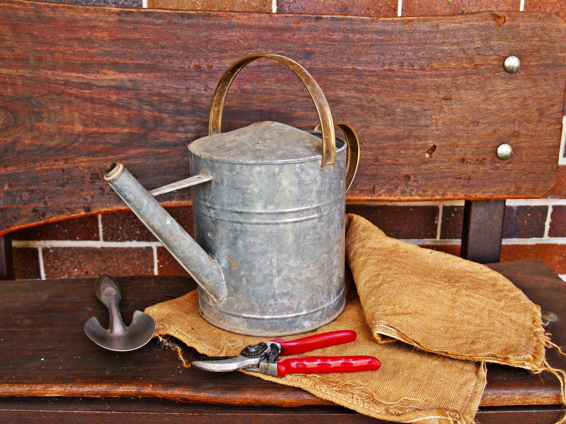 Watering can, trowel, secateurs and a gardening bag on top of a reclaimed wooden bench