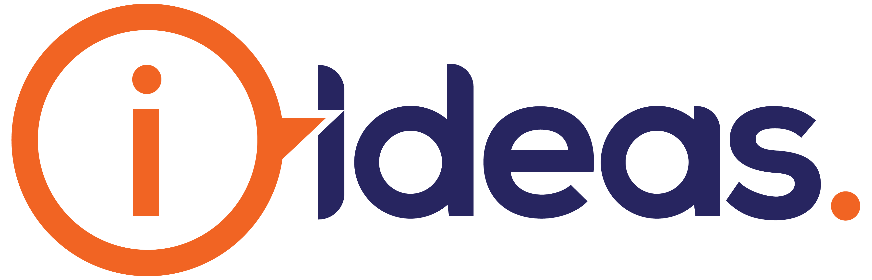 orange lowercase i in speech bubble. navy lowercase text reads "ideas". Orange full-stop.