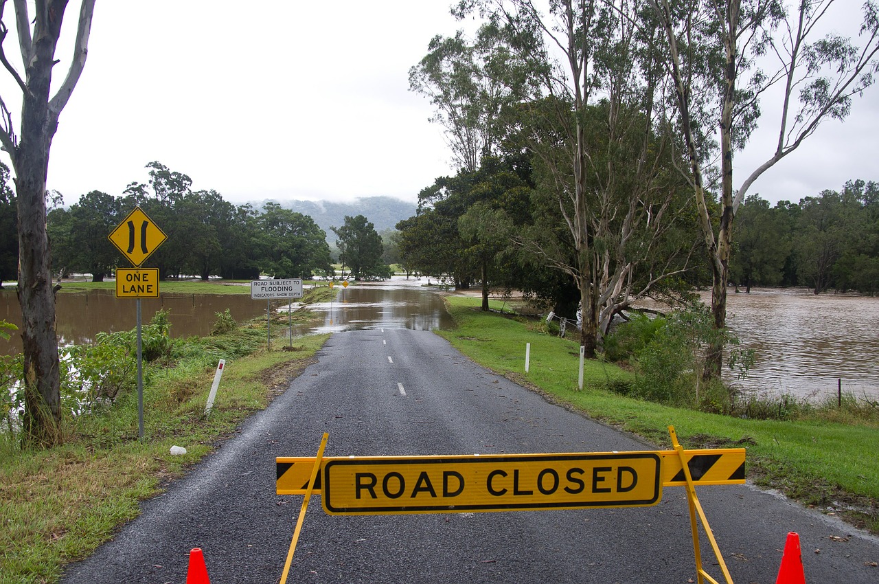 Image of Road Closed sign on a rural road with flooding.