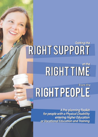 Young girl in a wheelchair smiling, right support, right time, right people written across blue background